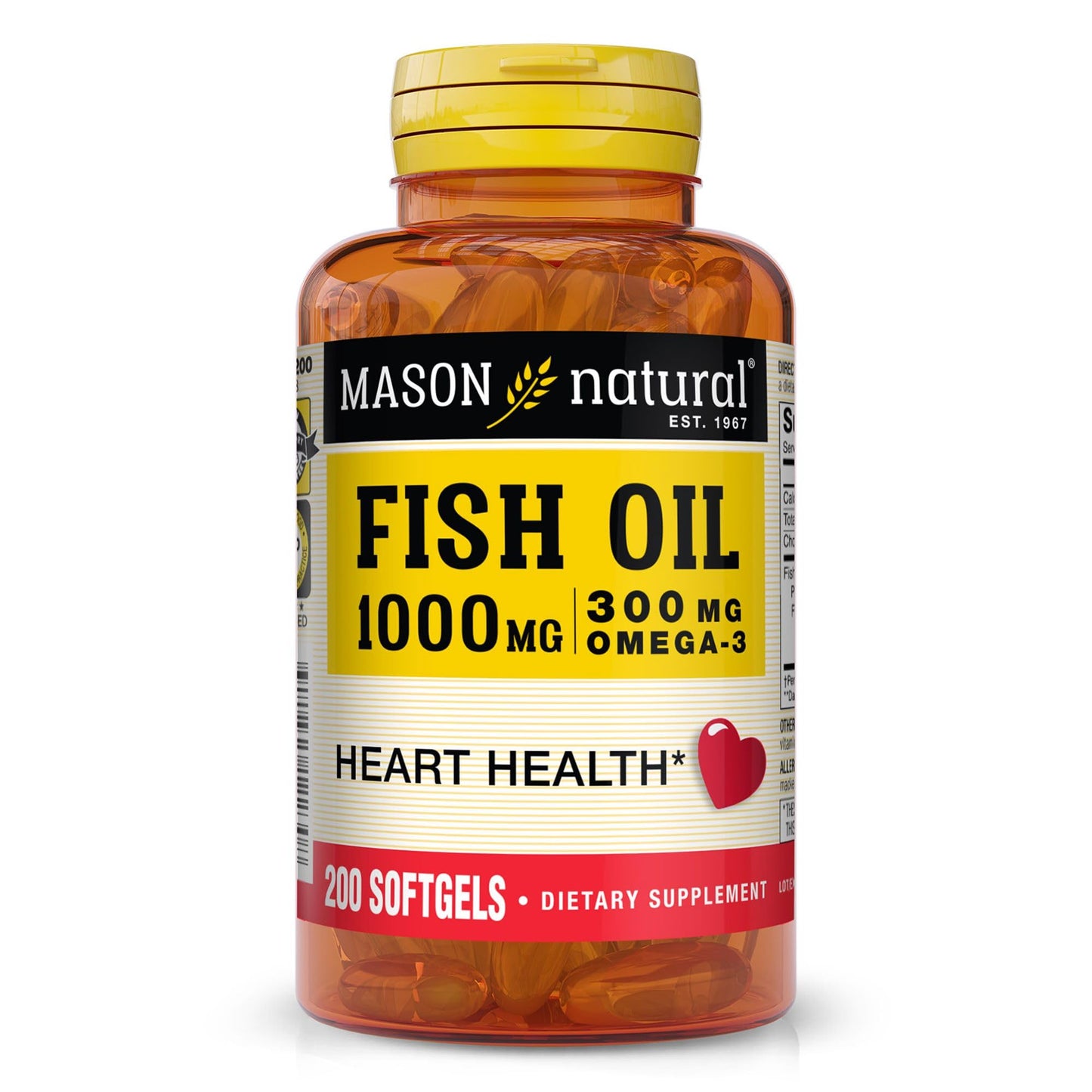 Mason Natural, Omega 3 Fish Oil 1000mg Softgels, Bonus Size 200-Count Bottle, Dietary Supplement Supports Heart, Eye, Brain and Joint Health with Omega 3 Fatty Acid Healthy Fats