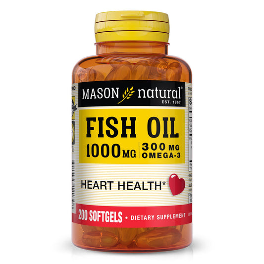 Mason Natural, Omega 3 Fish Oil 1000mg Softgels, Bonus Size 200-Count Bottle, Dietary Supplement Supports Heart, Eye, Brain and Joint Health with Omega 3 Fatty Acid Healthy Fats