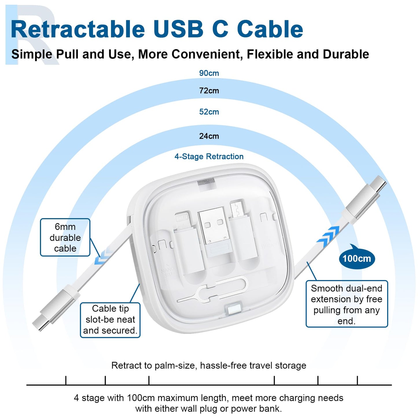 Retractable USB C Cable, Fast Charging Cord Type C 60W 3ft, 6 in 1 Charging Cord Organizer Travel Case, USB C to USB Adapter, SIM Card Removal Tool, College Essentials (2 Pack in Black & White)