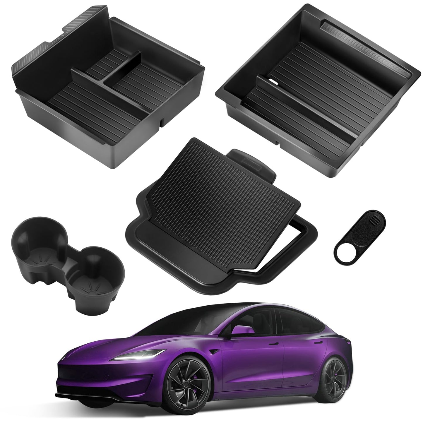TSLDRV 2025 Upgrade Center Console Organizer Tray for Tesla Model 3 Highland Accessories 2024 2025/For Tesla Model Y Juniper Accessories 2025 [Slide Smoothly/US Patent] Cup Holder Matte Black