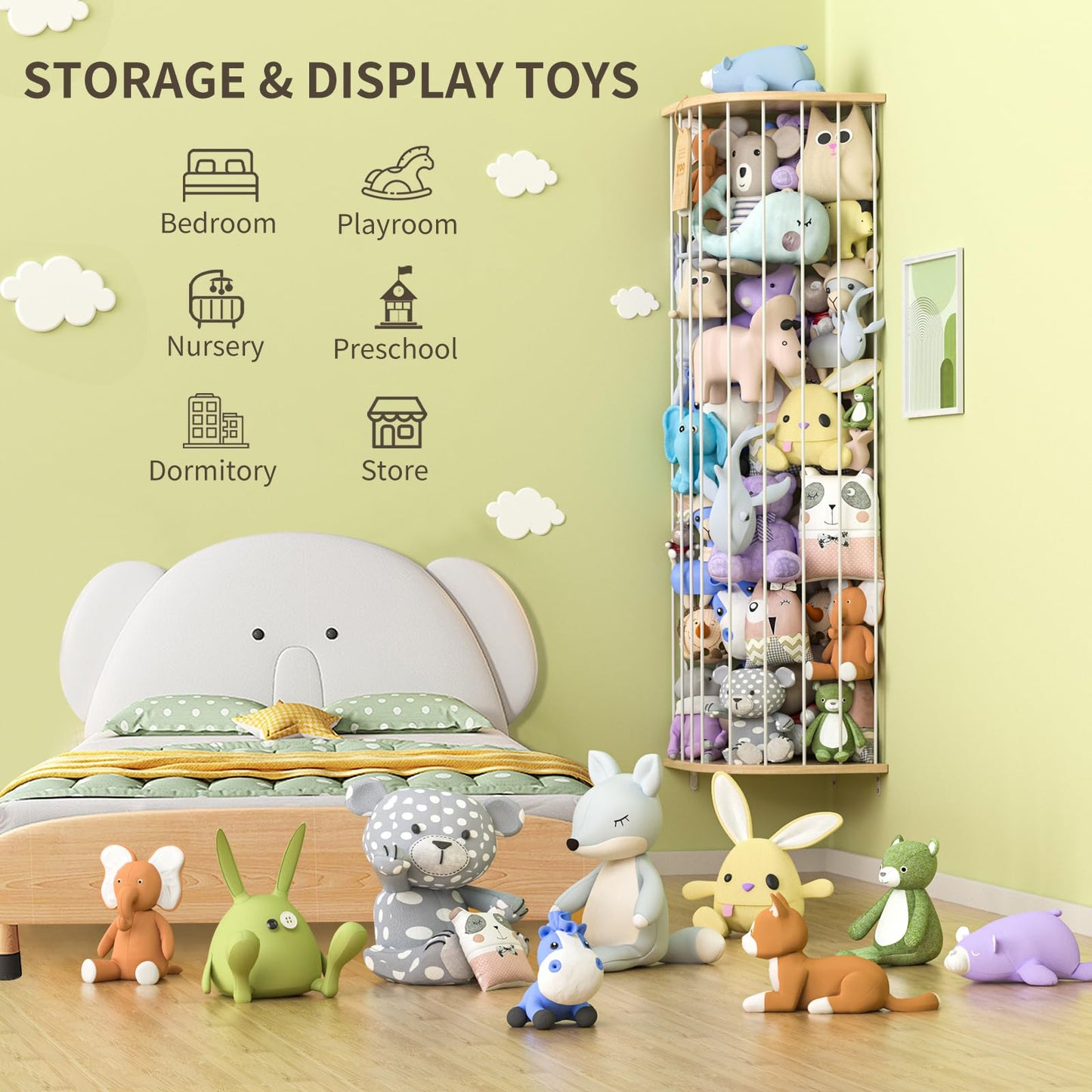 Eniffbaa Stuffed Animal Storage for Plushie Toys - Large Wood Corner Hanging Pet Storage with Sky Pattern, Length Adjustable Toy Organizer Shelf for Nursery Play Room Bedroom Kid Room