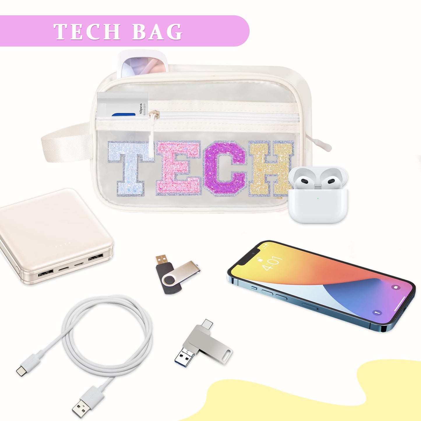 COSHAYSOO Clear Electronic Accessories Storage Bag Preppy Letter Patch Travel Pouch for Women Teens Girls, Cable Cord Charger Phone Earphone Organizer Trendy Traveling Must Have Essentials (TECH)