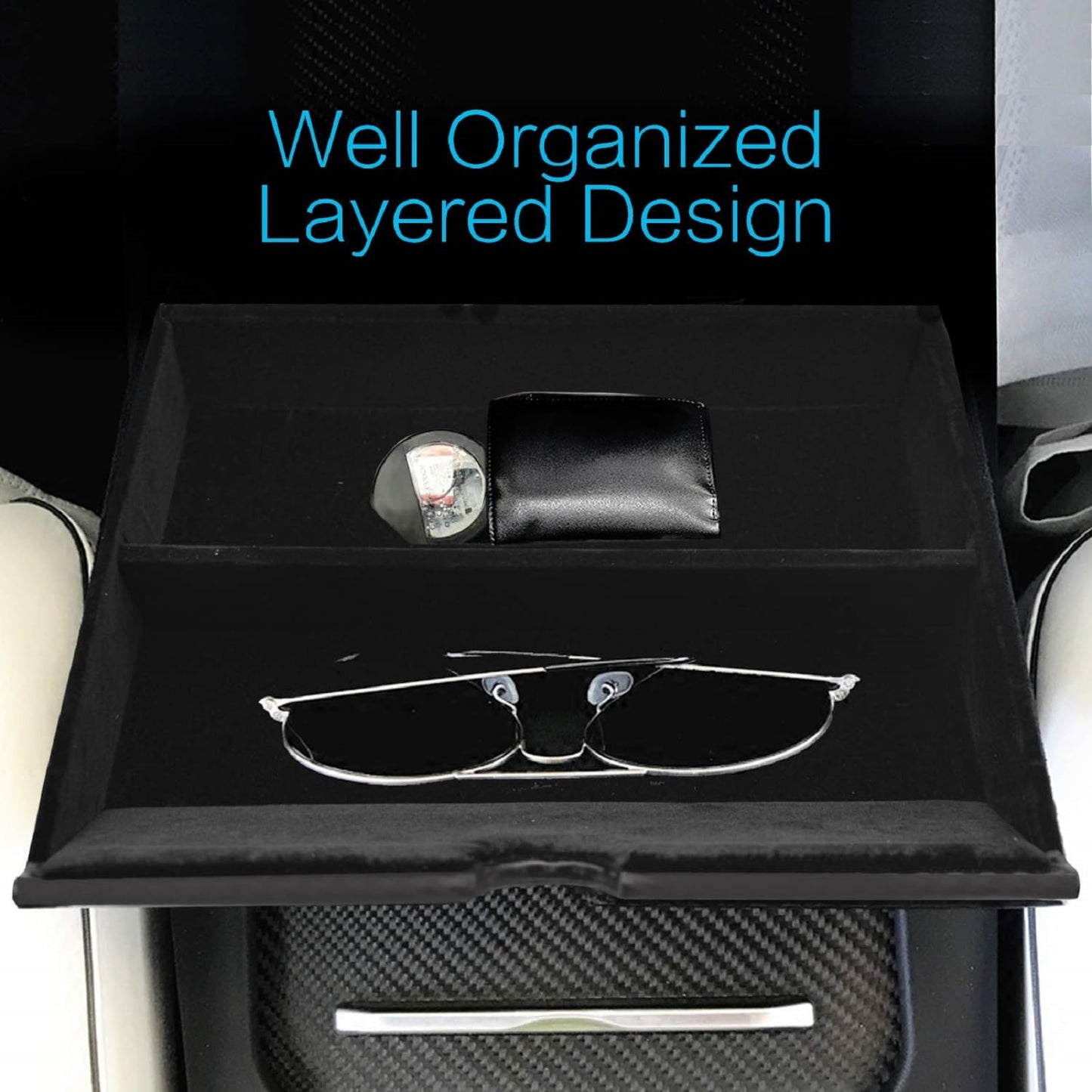 Car Center Console Fit Tesla Cubby Drawer Storage Box Glasses Box Customized Compatible with Tesla Model X Model S, with Removable Layer, Black, Wooden & Leather, Upgraded Layer Design