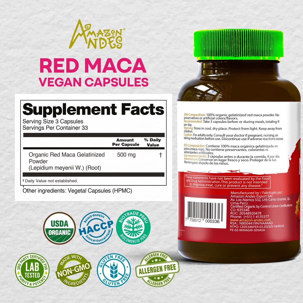 Amazon Andes Red maca Root Capsules - Female Health Supplement - Natural Energizer - USDA NOP Certified - Genitalized, Non GMO & Gluten Free - 100 Vegan Pills (1500mg per Serving) - Made in Peru