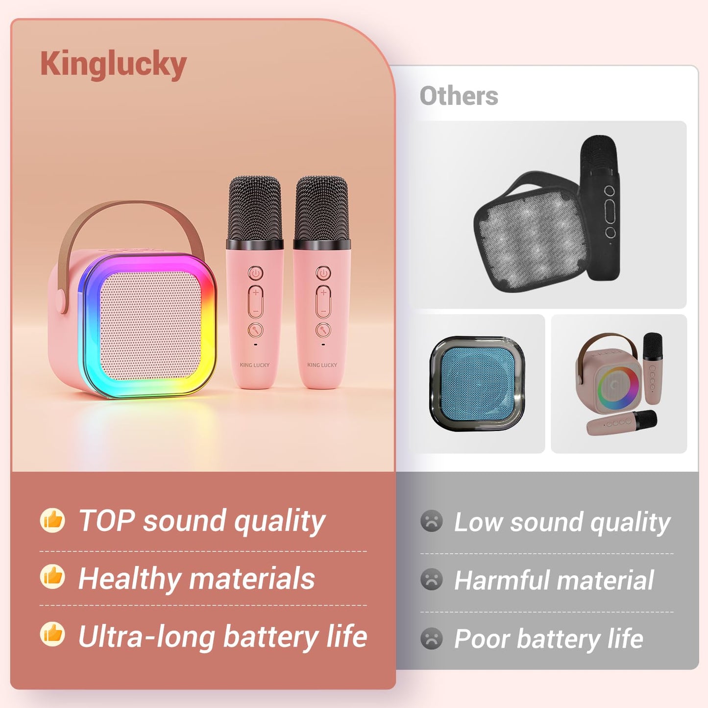 Kinglucky TOP Karaoke Machine for Kids (with Fun Voice Effects & LED Lights) Most Popular Birthday Easter Gifts for 3-12+ Years Old Girls Boys, Mini Karaoke Machine with 2 Wireless Microphones Pink