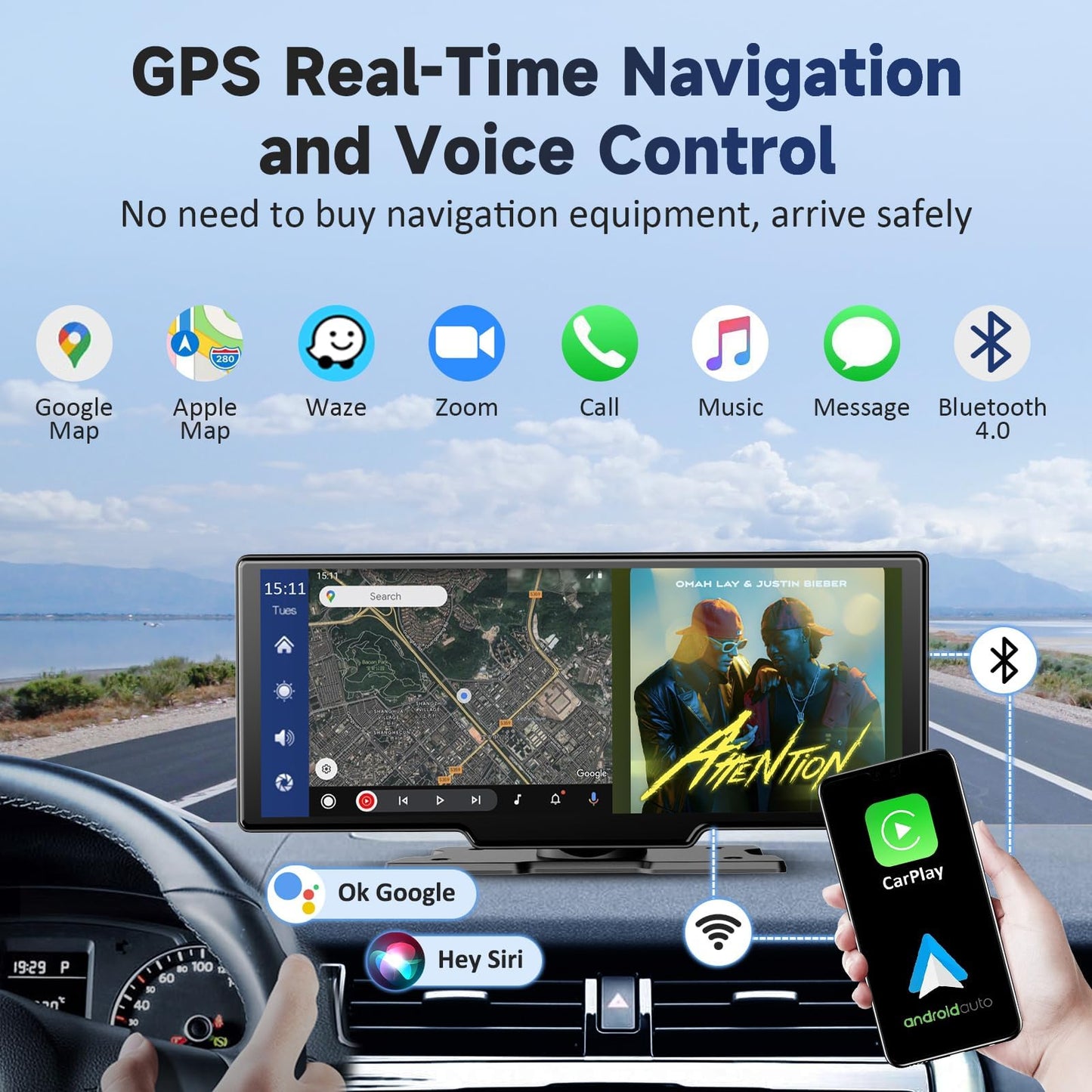 Wireless Portable Carplay Screen for Car - 10.26Inch Carplay & Android Auto Car Touch Stereo, with 4K Dash Cam, Backup Camera,Bluetooth,GPS Navigation