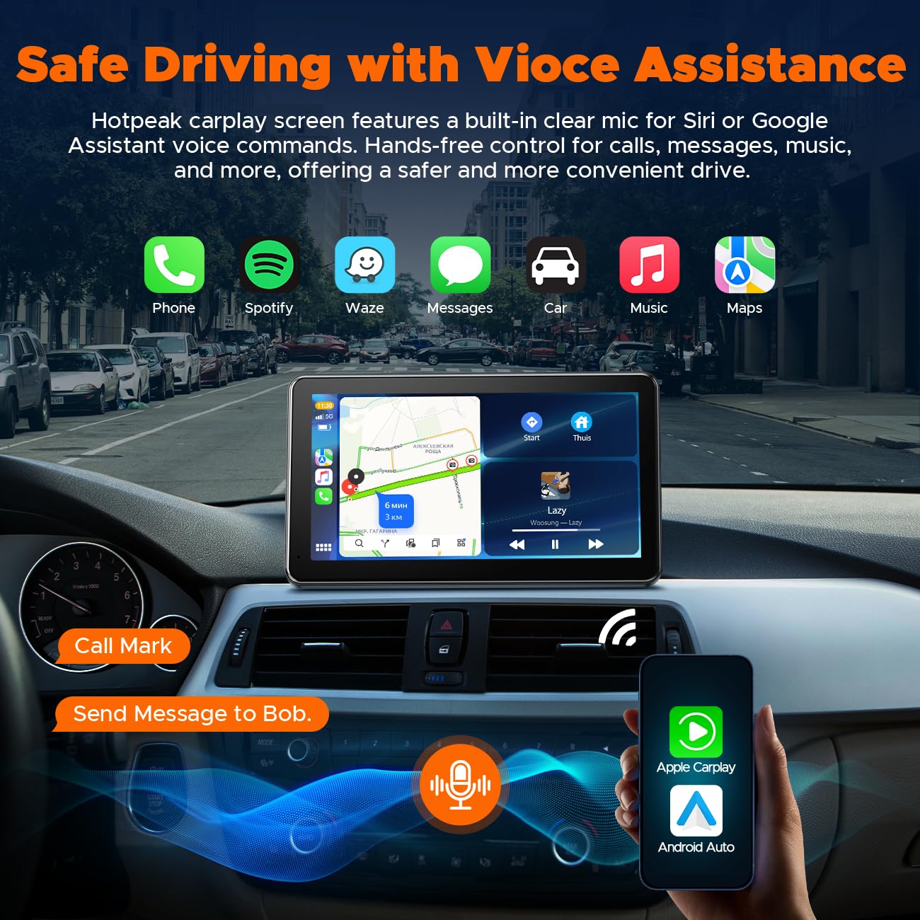 HOTPEAK 7-inch Portable Carplay Screen for Car Compatable with Apple CarPlay and Android Auto,Wireless Car Play Unit with GPS Navigation,Bluetooth,Mirror Link,Touch Screen for All Vehicles