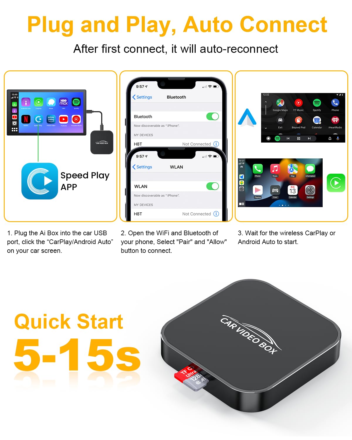 5 in 1 Wireless CarPlay Adapter with Netflix YouTube, 2025 New Carplay Wireless & Android Auto Adapter Converts Wired to Wireless Carplay Dongle Magic CarPlay Ai Box Streaming Video for iPhone/Android
