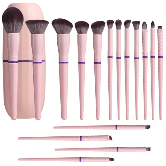 BS-MALL Travel Makeup Brushes – Professional and Durable 16-piece Set Detachable Rotating Handles, Eco-Friendly Design, Comes with Storage Barrel(Pink Travel Case)