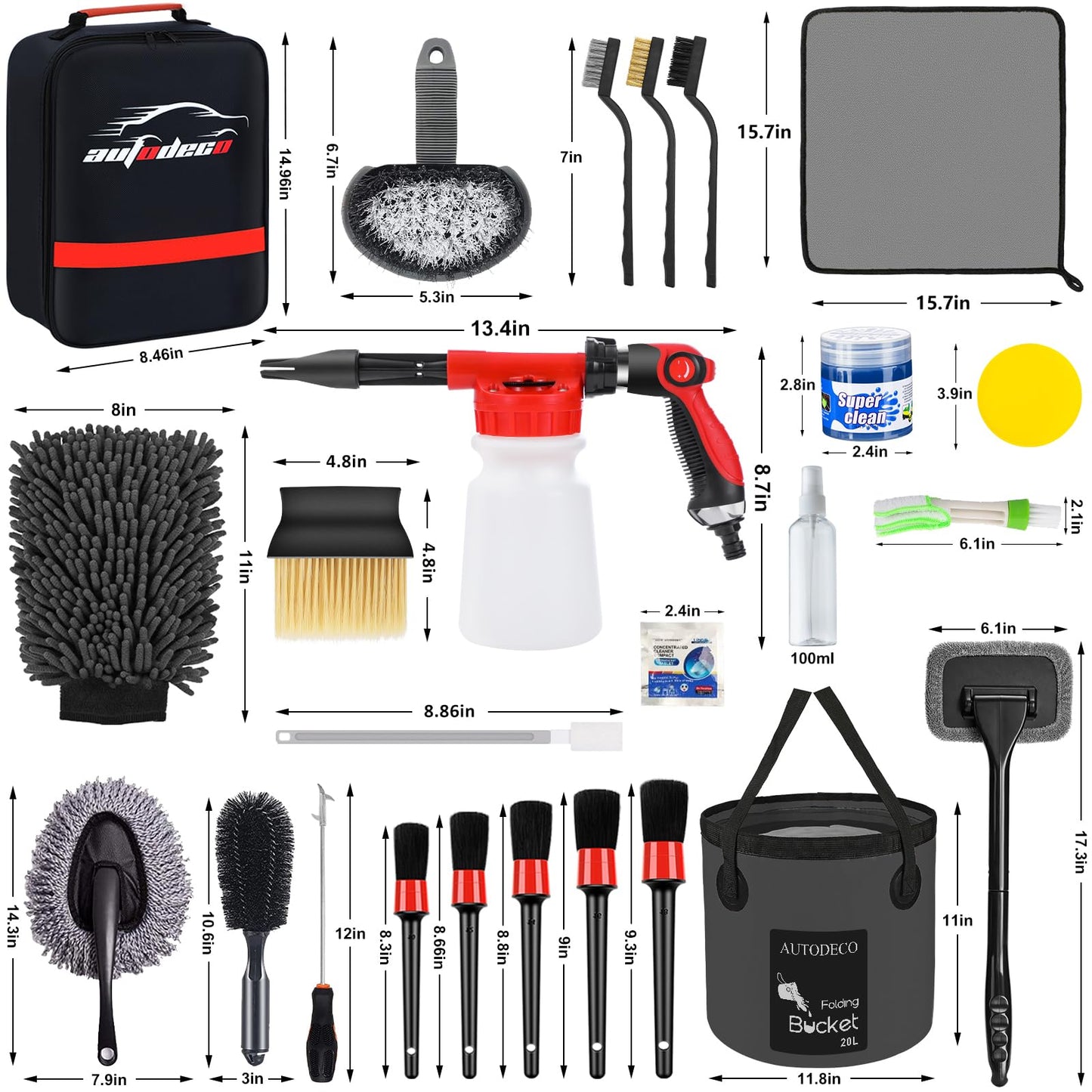 AUTODECO 44Pcs Car Wash Detailing Kit Cleaning Kits with Foam Gun Sprayer Wash Mop with Long Handle Collapsible Bucket Large Wash Mitt Towels Complete Interior Exterior Car Washing Supply Set Black