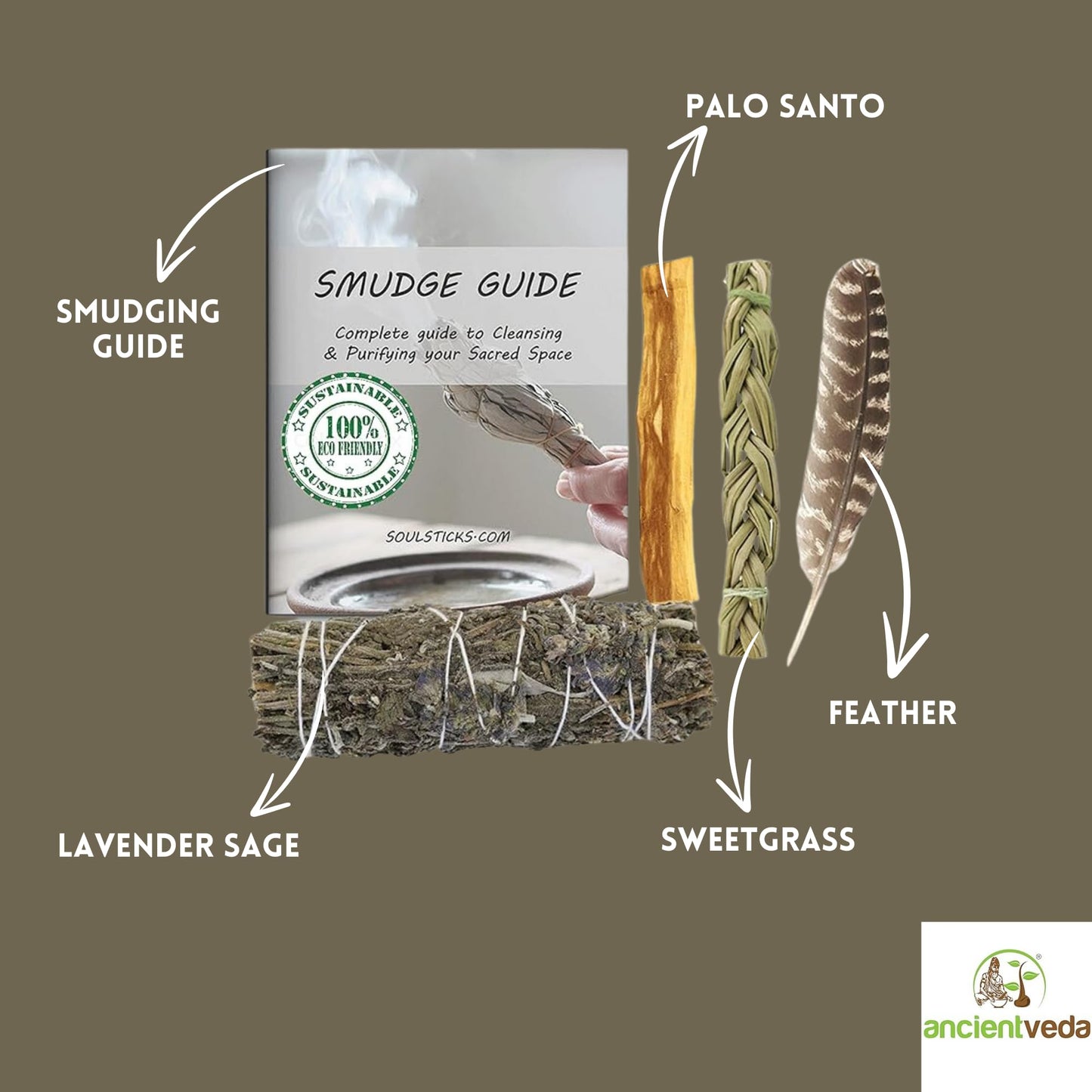 Ancient VEDA Sage Smudge Kit | Lavender, Sweetgrass, & Palo Santo Sticks Smudging Kit for Meditation, Yoga, Reiki, Home Cleansing, & Aromatherapy (Starter Kit, Lavender Sage)