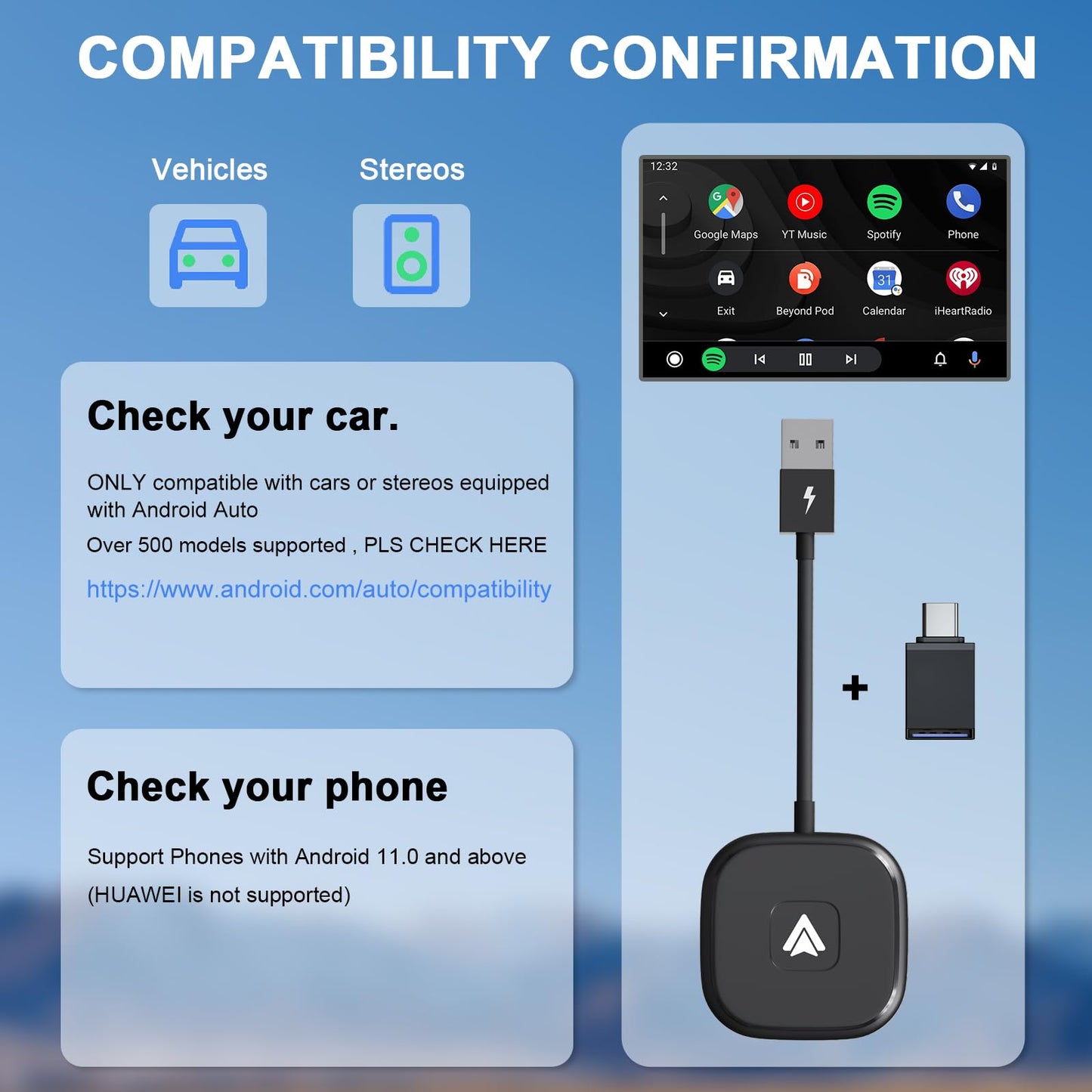 LXJTHT Android Auto Wireless Adapter Plug and Play Car Dongle for Factory Wired Android Auto in All Cars - Low Latency and Easy to Install
