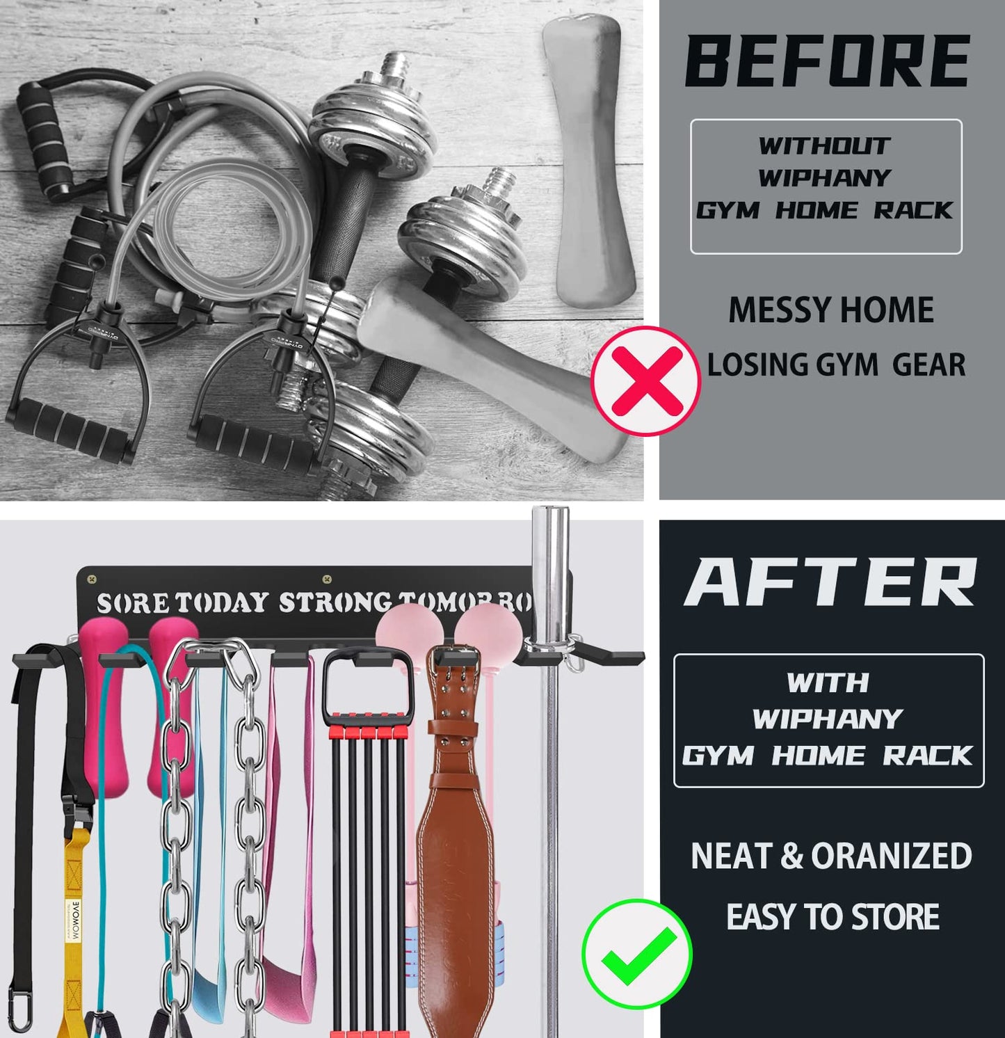Black Metal Heavy-gauge Workout Rack Wall Mount Organizer Multi-Purpose Workout Gear Storage for Sports Gears Barbells Lifting Belt Fitness Band Carabiners Included With Uplifting Words