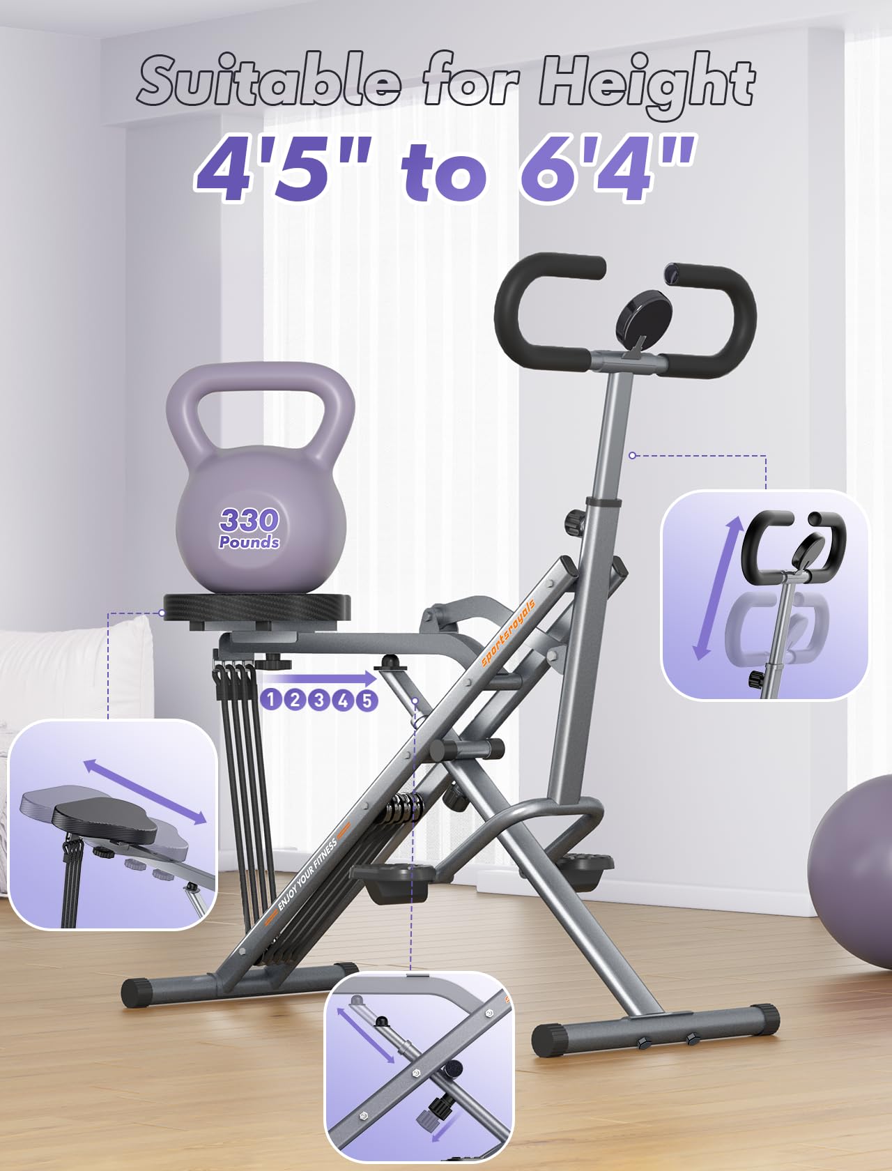 Sportsroyals Squat Machine for Home,Rodeo Core Exercise Machine,330lbs Foldable,Adjustable 4 Resistance Bands,Ride & Rowing Machine for Botty Glutes Butt Thighs,Ab Back/Leg Press Hip Thrust
