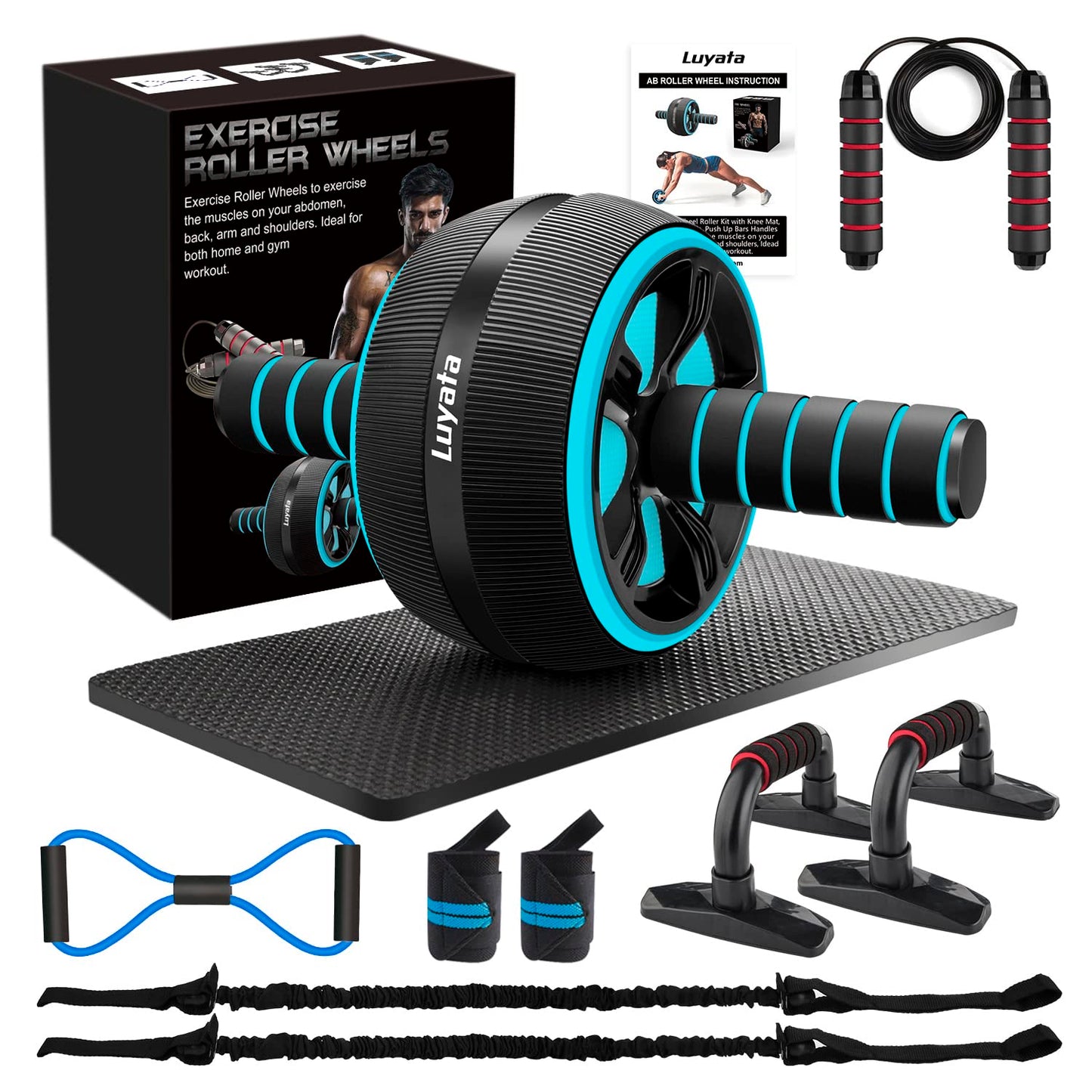 Ab Roller Wheel, 10-In-1 Ab Exercise Wheels Kit with Resistance Bands, Knee Mat, Jump Rope, Push-Up Bar - Home Gym Equipment for Men Women Core Strength & Abdominal Exercise