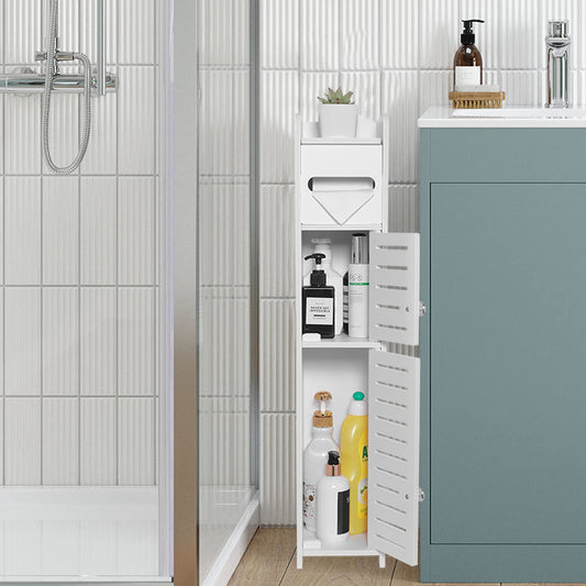 TuoxinEM Storage Cabinet for Small Spaces, Over The Toilet Cabinet for Skinny Bathroom Storage Corner Floor, Slim Paper Storage with 2 Doors & Shelves (White)