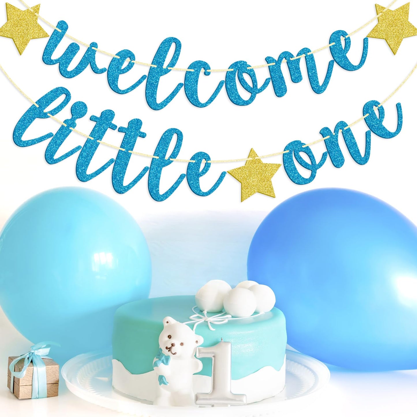 Welcome Little One Glitter Banner, Pre-strung Baby Shower Banner, Gender Reveal Party Decor (Blue)
