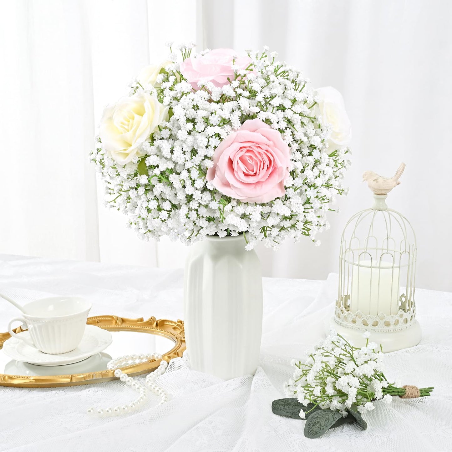 Artflower Babys Breath Artificial Flowers, 20Pcs Baby Breath Flowers Artificial Bulk, Fake White Gypsophila Babies Breath Real Touch Flowers for Wedding Bouquet Floral Arrangement Party Home Decor