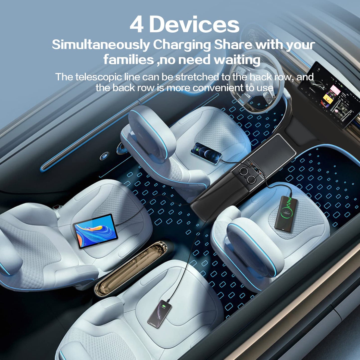 Car USB Charger Multi Port for 2021 2022 2023 2024 Tesla Model 3/Y,Multifunctional Tesla Accessories with Logo and Retractable Cable,Tesla USB hub,Gifts for Tesla Owners(Not fit Model 3 2024)