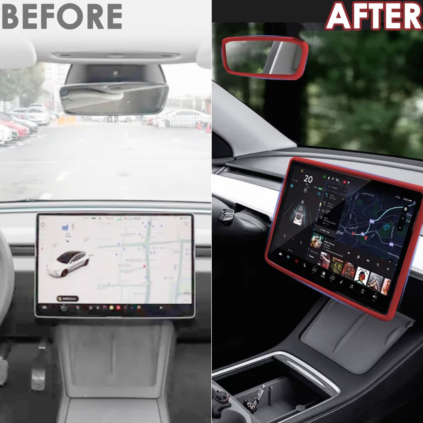 2PCS Protector Trim Frame Compatible with Tesla Model 3 Y 2019-2024 2025 Screen Edge Frame Rearview Mirror Cover Interior Silicone Decorations Center Console Decor Highland Juniper Accessories (Red)