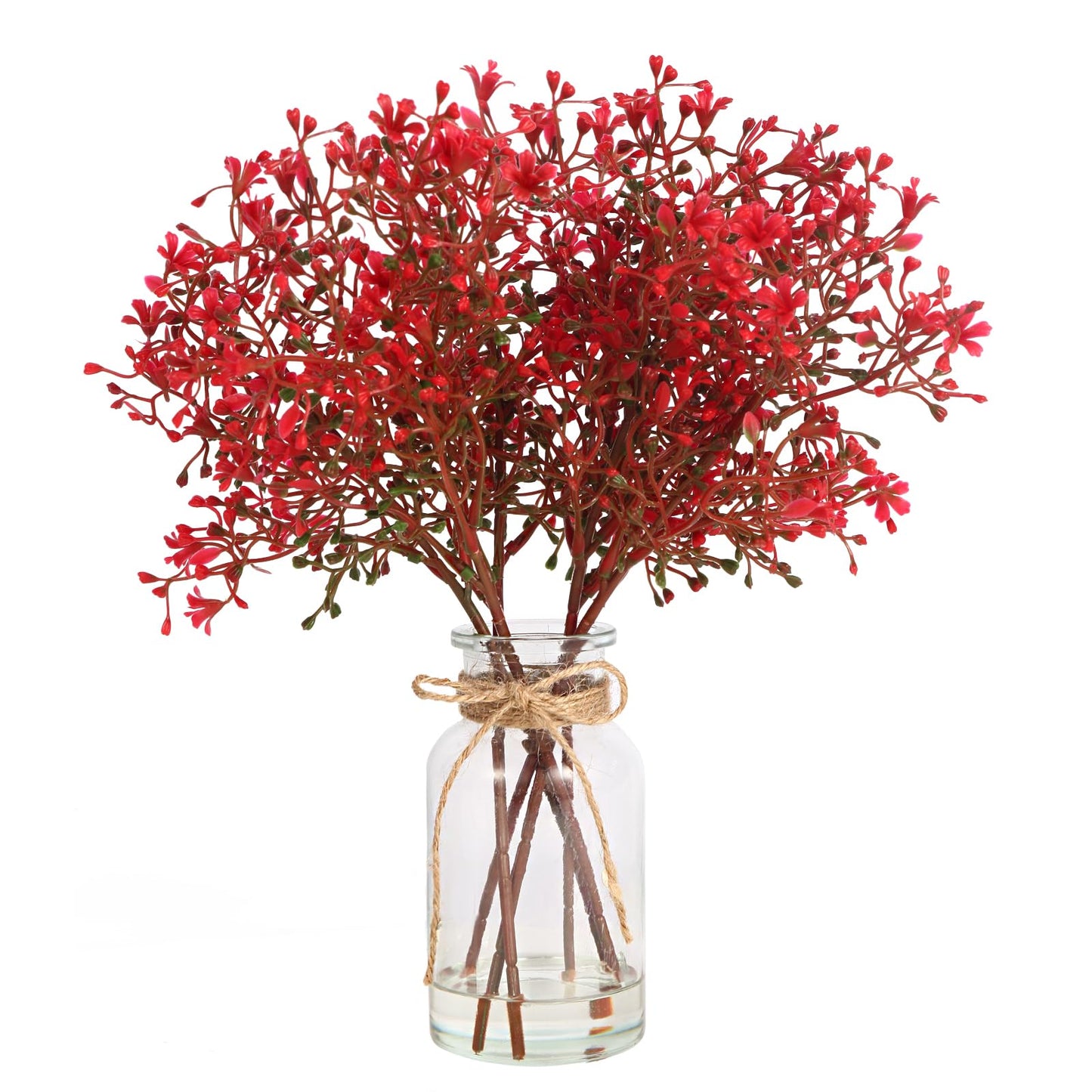 TSIPEKLO Babys Breath Artificial Flowers in Glass Vase with Faux Water, 14" Faux Baby Breath Plastic Red Flowers Fake Gypsophila Flower for Home Office Farmhouse Wedding Centerpiece Décor