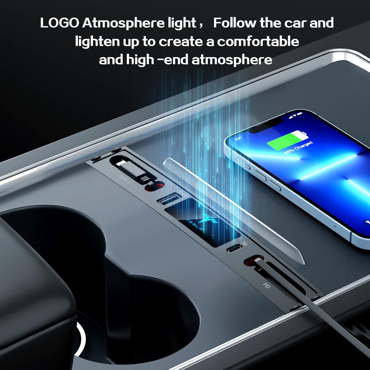 Car USB Charger Multi Port for 2021 2022 2023 2024 Tesla Model 3/Y,Multifunctional Tesla Accessories with Logo and Retractable Cable,Tesla USB hub,Gifts for Tesla Owners(Not fit Model 3 2024)