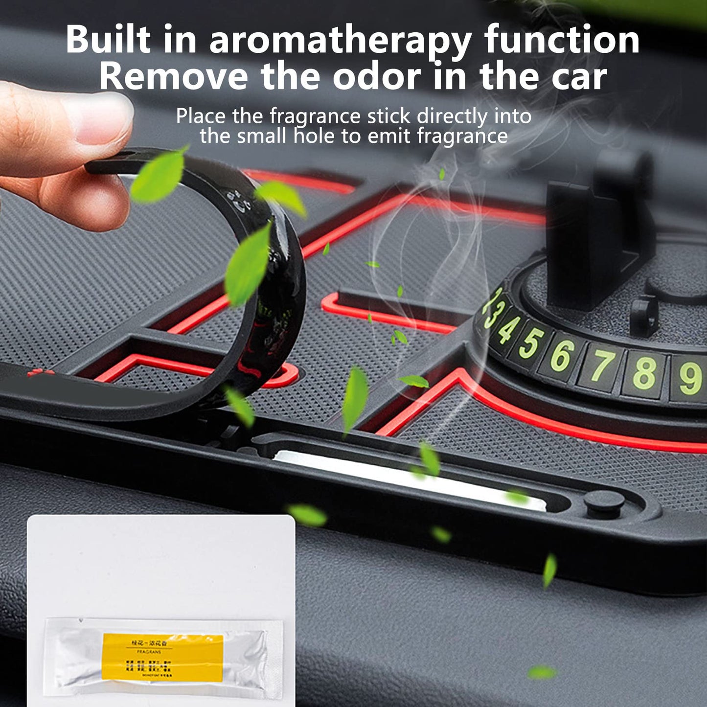 Non-Slip Phone Pad for 4-in-1 Car, 2023 New Cool Glow in The Dark Car Dashboard Phone Mat with Temporary Car Parking Card Number Plate and Aromatherapy, Anti-Shake Pad Universal Phone Holder (Red)
