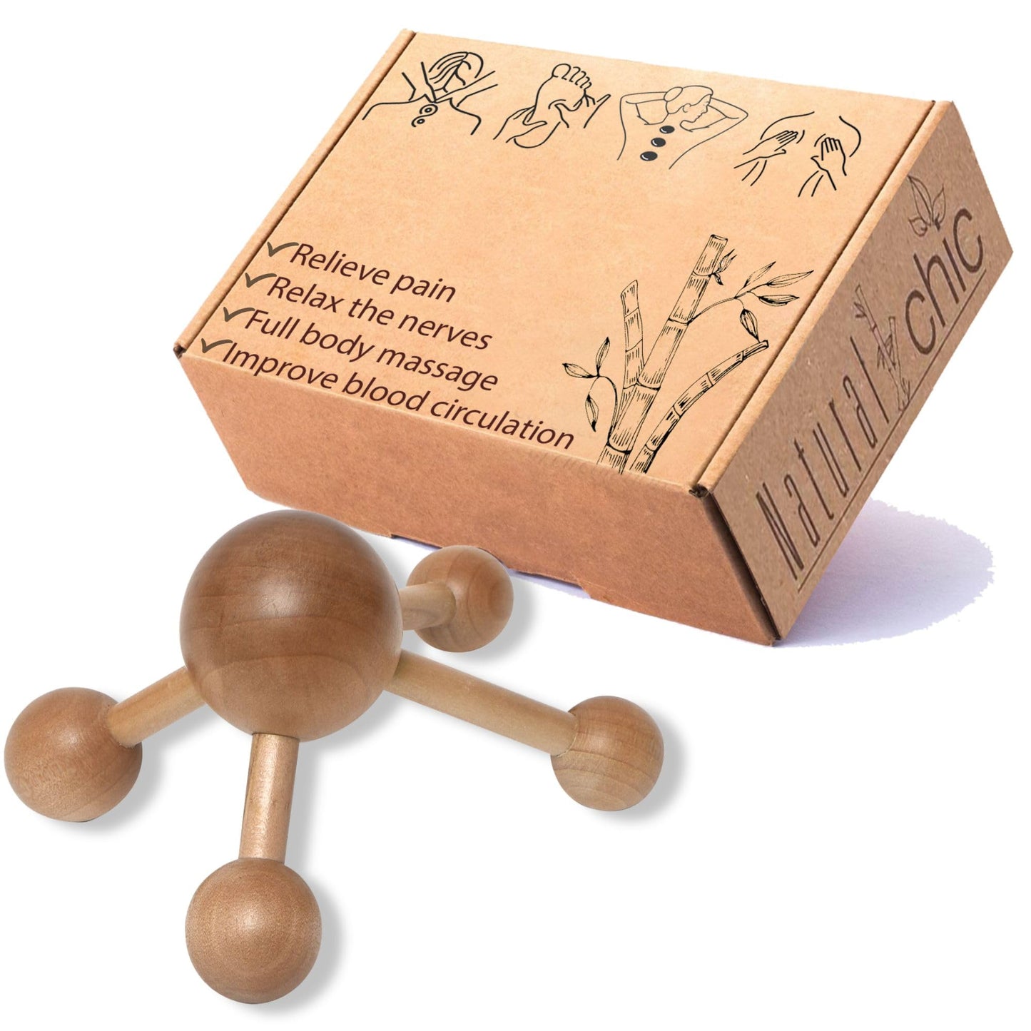 Natural Wood Handheld Massager - Relaxing Muscle Relief, Revitalizing Scrubbing Roller - Soothing Back & Body Therapy Tool - Bodycare Hand Spider - Mr Happy Wooden Ball Massager