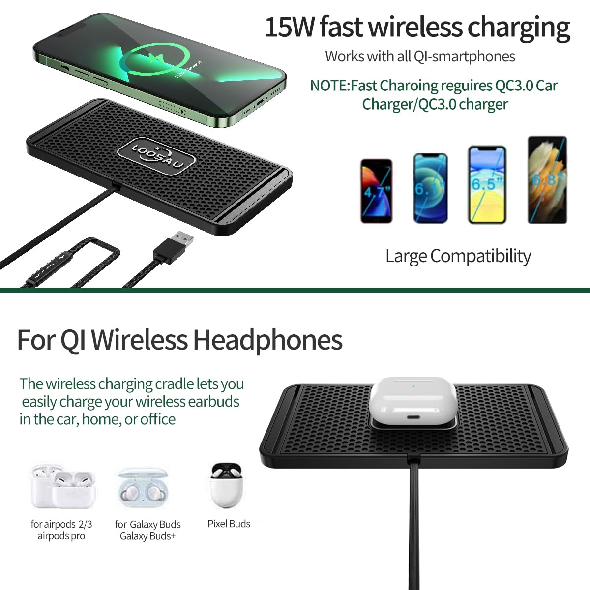LOOSAU Wireless car Charger Charging pad 15w Non Slip FastCharger for car Wireless Phone Charger for Android for iPhone 11/12/13/14/15/16 Pro Max Xs,Samsung Galaxy S20, S10+ Note 9，LG