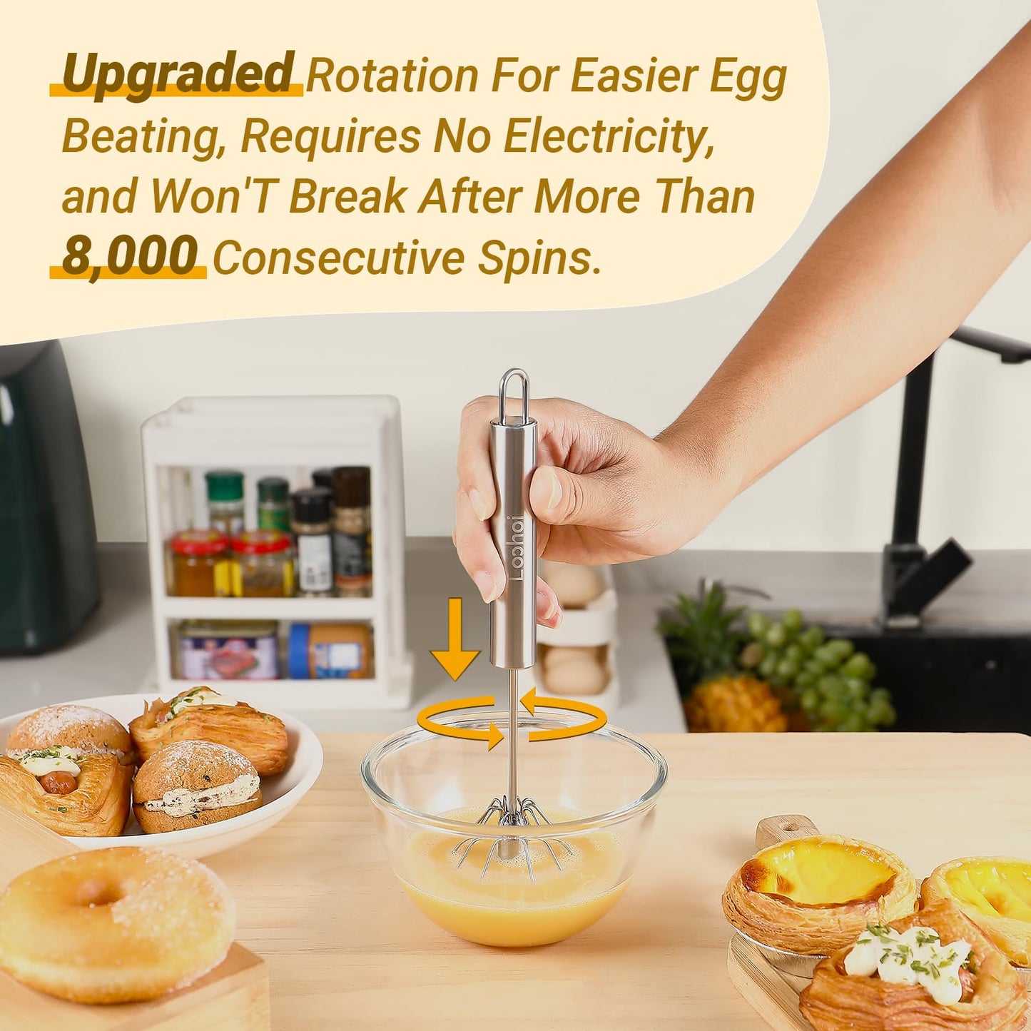 2025 New Upgraded Stainless Steel Semi-Automatic Whisk - Easy to Use Whizzy Whisk,Versatile Wisker Tool for Cooking,Kitchen Essential Egg Beater for Baking,Whisking,Beating & Stirring (10in）