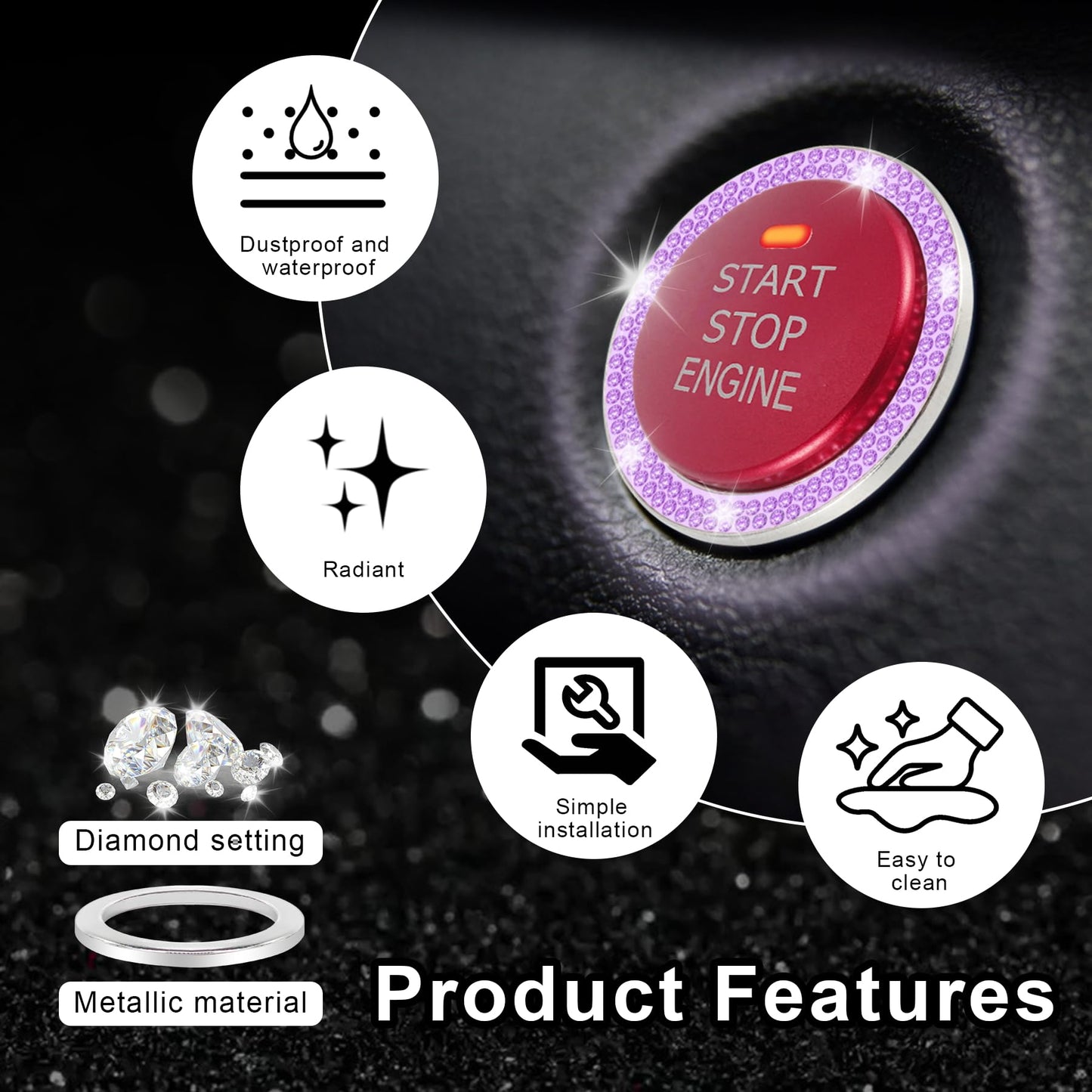 LivTee 2 PCS Crystal Double Rhinestone Car Engine Start Stop Decoration Ring, Bling Car Interior Accessories for Women, Push to Start Button Cover/Sticker, Key Ignition & Knob Bling Ring, Purple