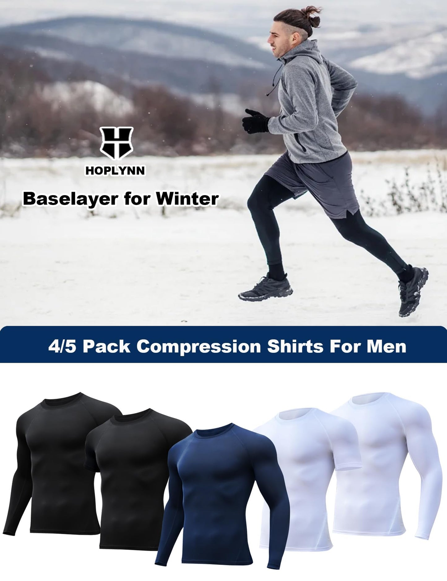 HOPLYNN 5 Pack Workout Compression Shirts Men Long/Short Sleeve Rash Guard Athletic Undershirt Gear T Shirt for Sports 2 Black 2 White 1 Blue L