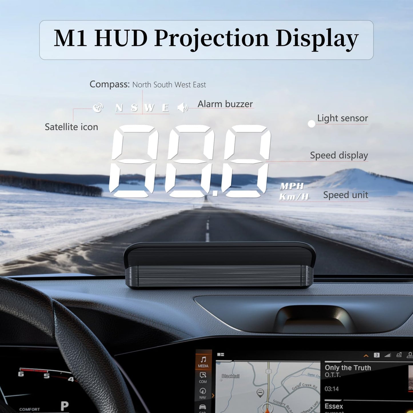 AZIJYV Car Heads Up Display, Windshield Speedometer Projector HUD M1white,Digital Speedometer for Car with Speed,Driving Direction,Overspeed Alarm,Fatigued Driving,Suitable for All Models