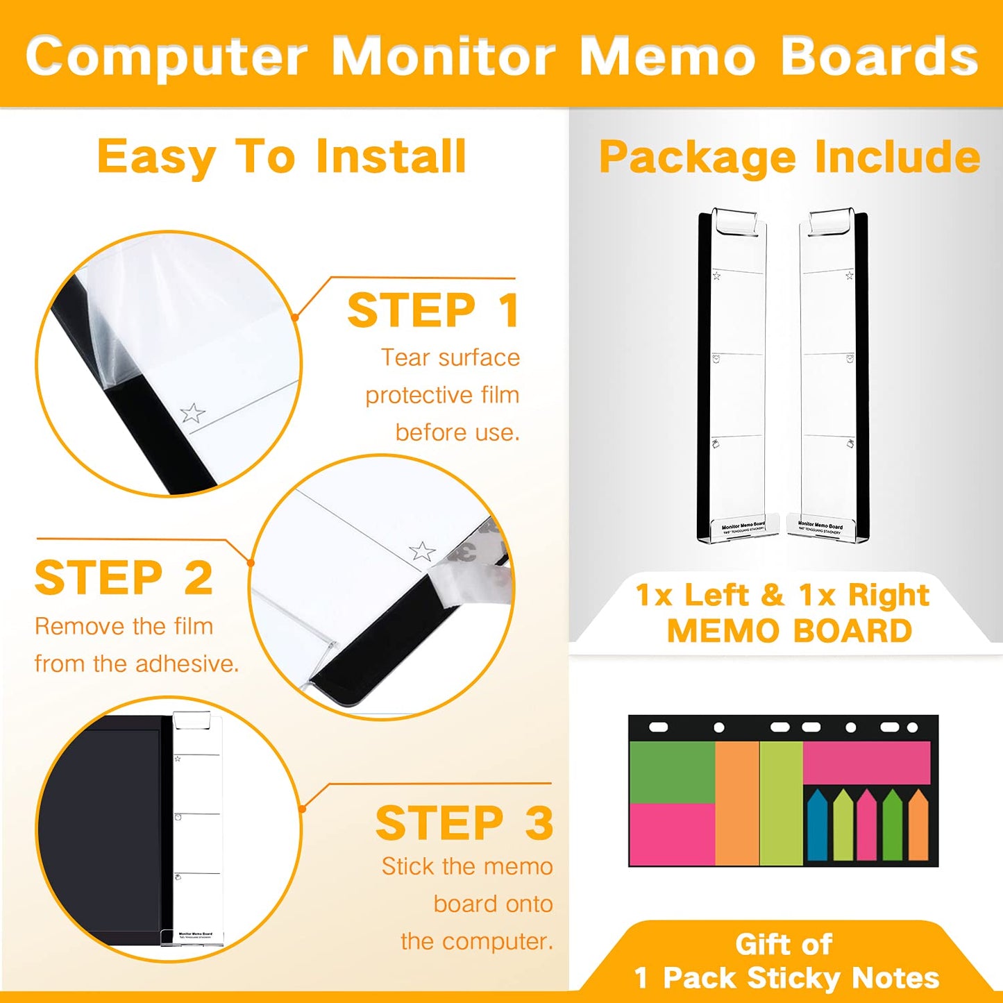 Monitor Memo Boards for Computer, Set of 2 (Left & Right) Multifunction Acrylic Screen Message Reminder Pad Side Panels Phone Holder - Utility Organizer for Office Desktop, Gift of 1 Pack Sticky Notes