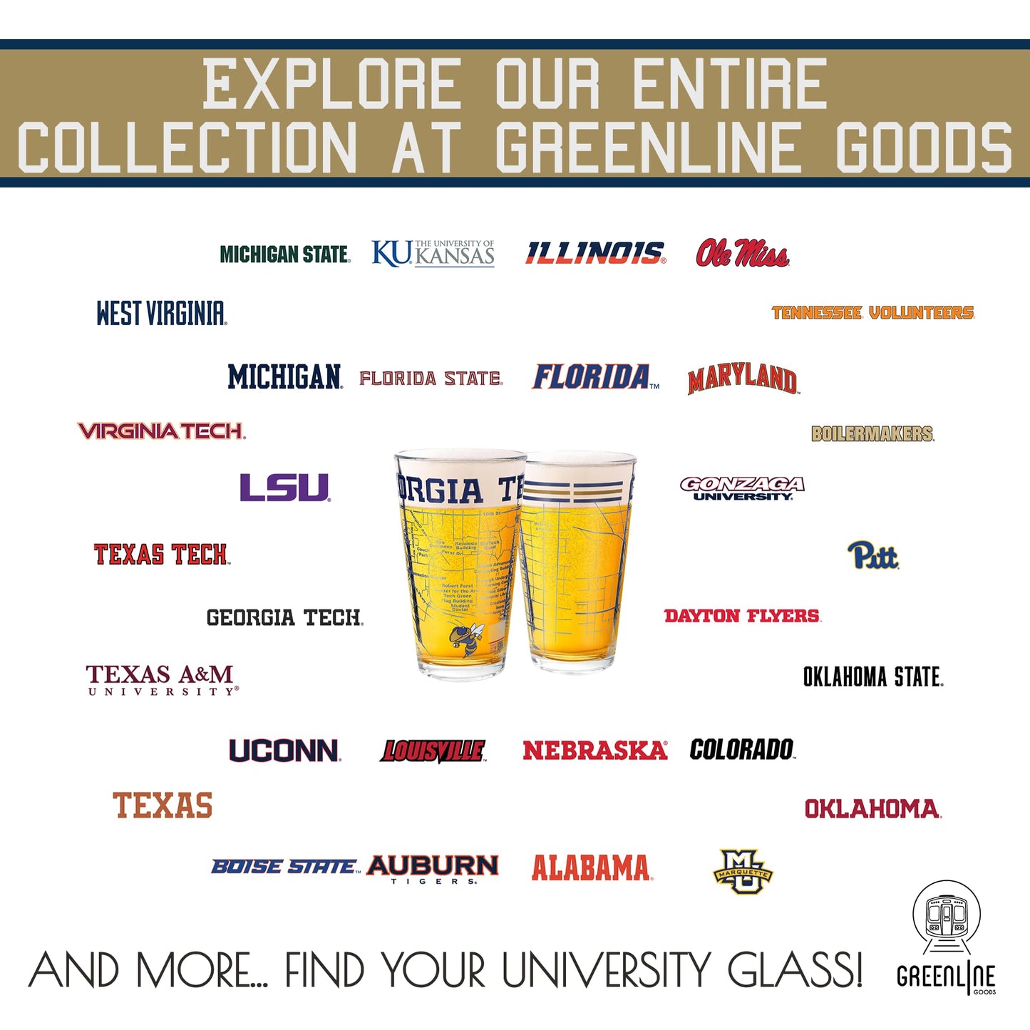 Greenline Goods Georgia Tech Pint Beer Glasses Set of 2 - Full Color Yellow Jackets Logo & Campus Map – Georgia Tech Gift Idea for College Grads & Alumni - College Glassware
