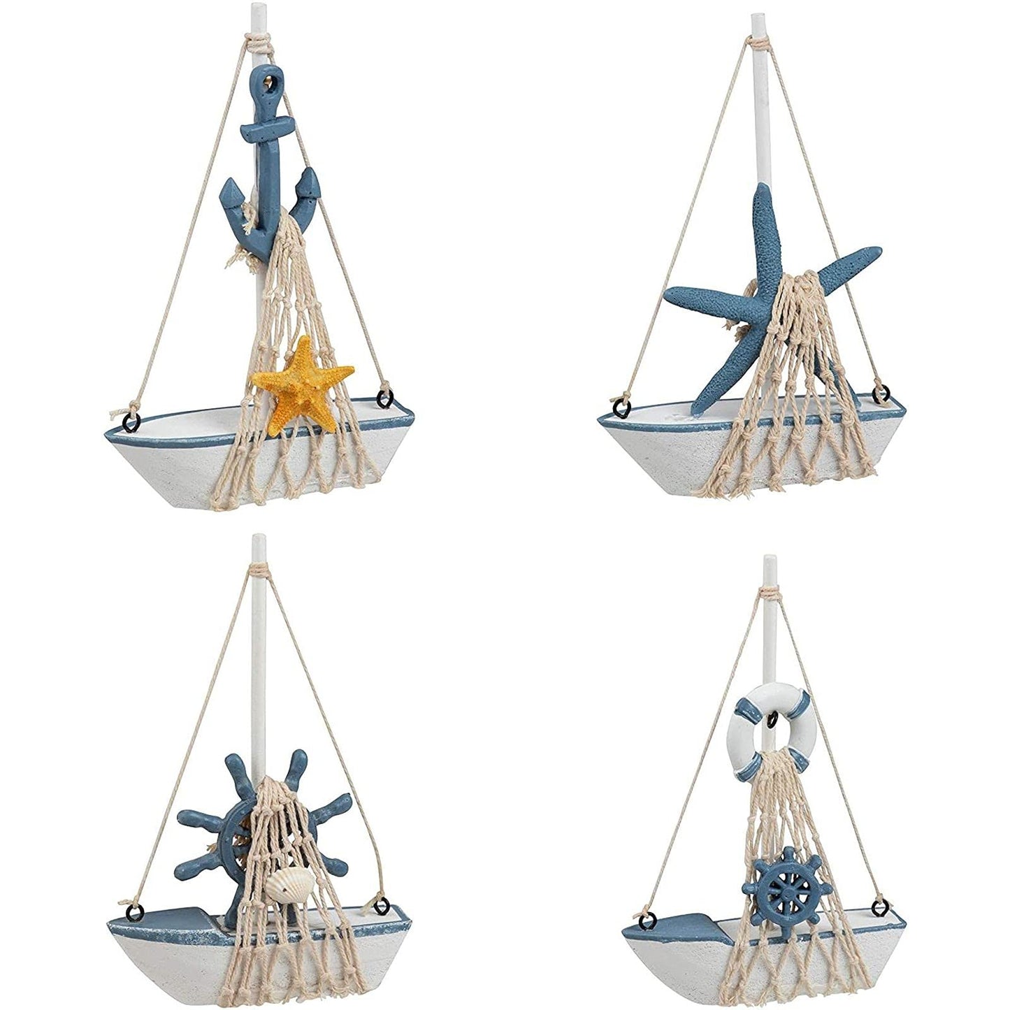 Juvale Set of 4 Mini Wooden Sailboat Models for Beach Nautical Home Decor, Miniature Boat Decorations
