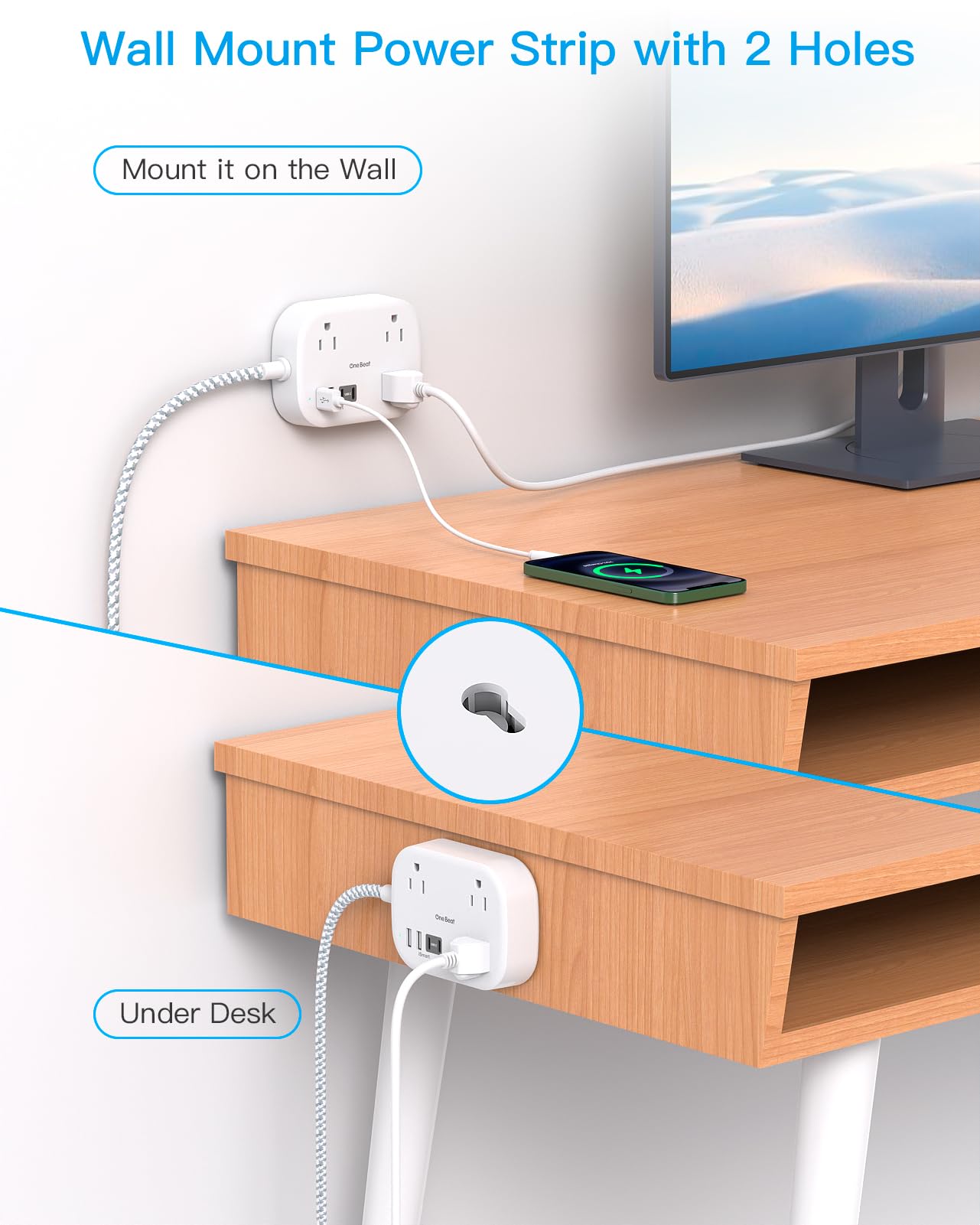 Cruise Ship Essentials, Travel Power Strip with USB C, Flat Plug Extension Cord with 3 Outlets 4 USB Ports(2 USB C), 5 ft Desk Wall Outlet Extender, Non Surge Protector for Cruise, Dorm Room, ETL
