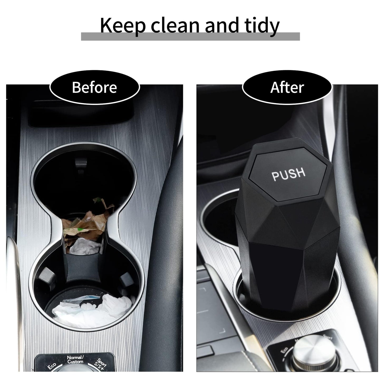 JUSTTOP Car Trash Can with Lid, Diamond Design Small Automatic Portable Trash Can, Easy to Clean, Used in Car Home Office Interior Accessories, 2PCS (Black)