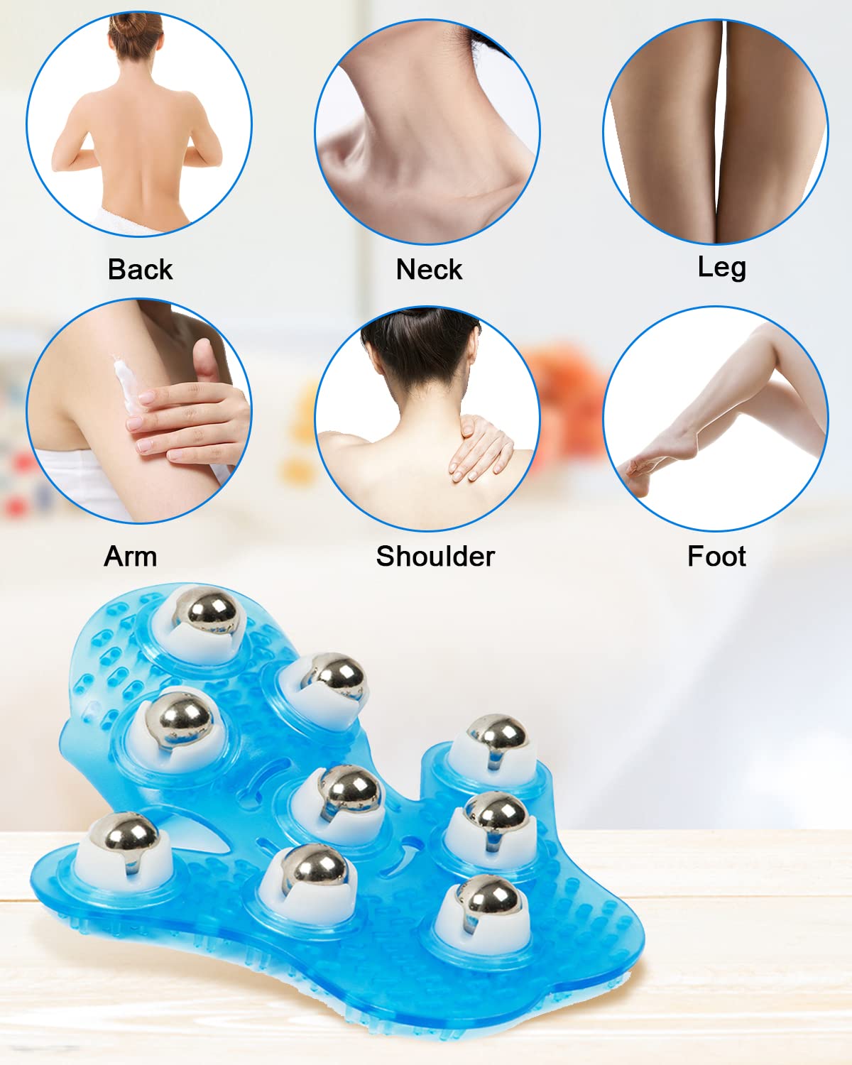 Outton Glove Massager Palm Shaped Hand Massage Manual 9 360-degree-roller Mental Roller Ball Blue