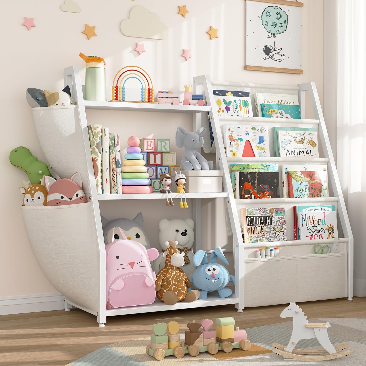 MEUIS Kids Bookshelf and Toy Storage - Toy Organizer with Book Shelf 3 Tier Floor Small Sling Bookcase Bedroom Nursery Kids Room Playroom, White