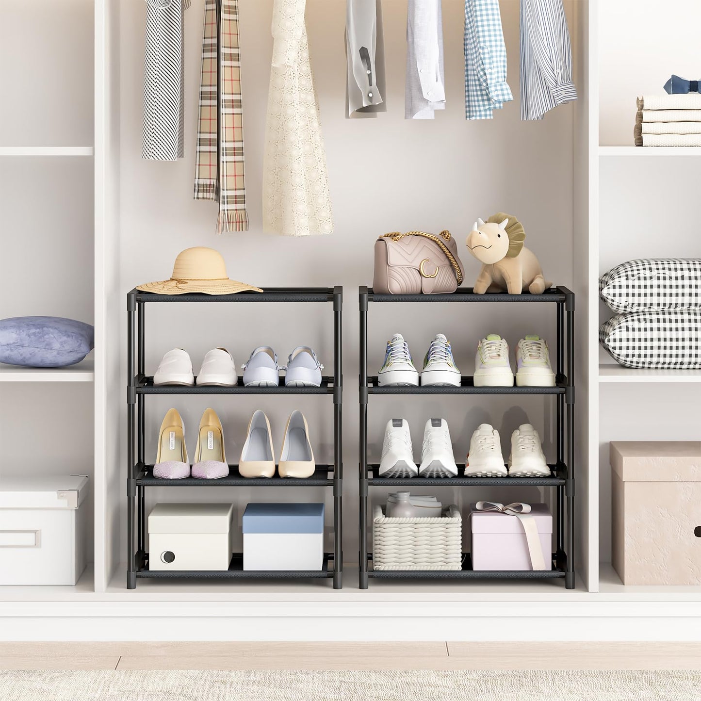 Autonomier 4 Tier Small Shoe Rack, Narrow Stackable Kids Toddler Adult Shoe Storage Organizer Shelf for Closet Floor Entryway Bedroom, Space Saver Shoe Rack Organization Shelves