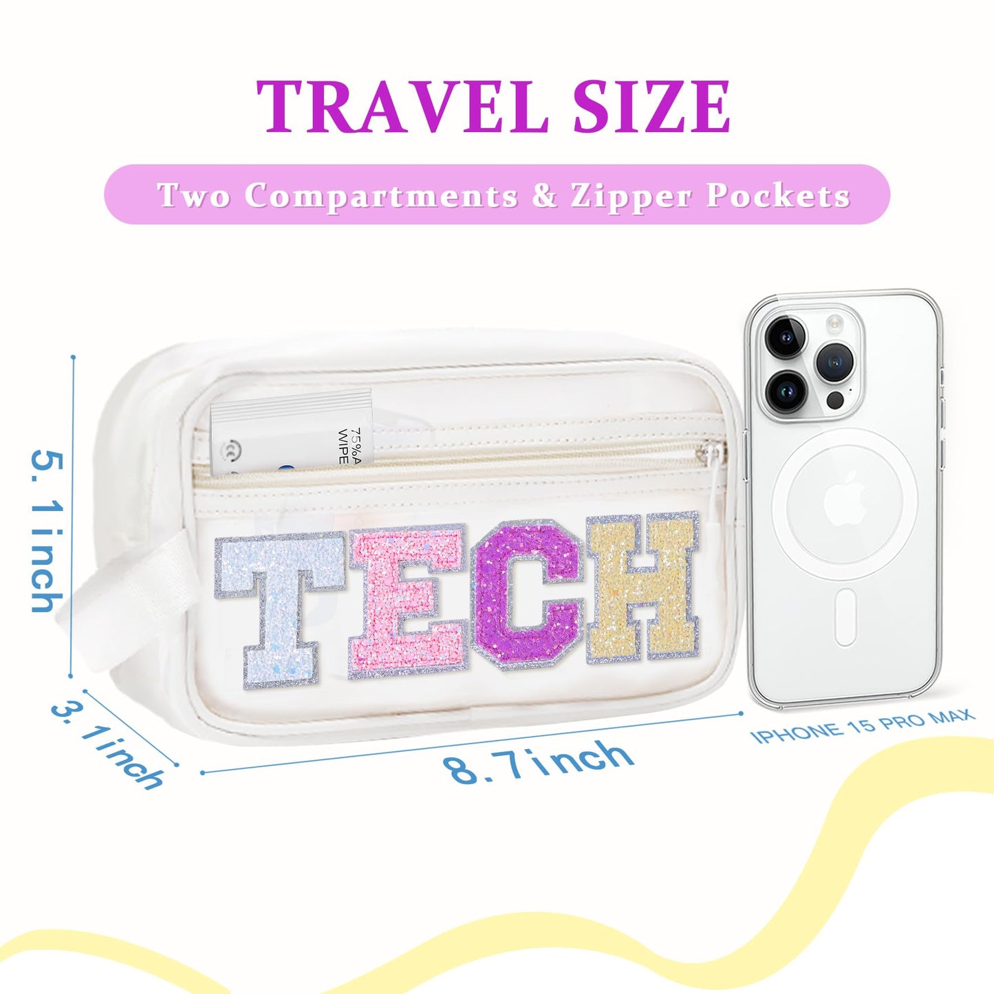 COSHAYSOO Clear Electronic Accessories Storage Bag Preppy Letter Patch Travel Pouch for Women Teens Girls, Cable Cord Charger Phone Earphone Organizer Trendy Traveling Must Have Essentials (TECH)