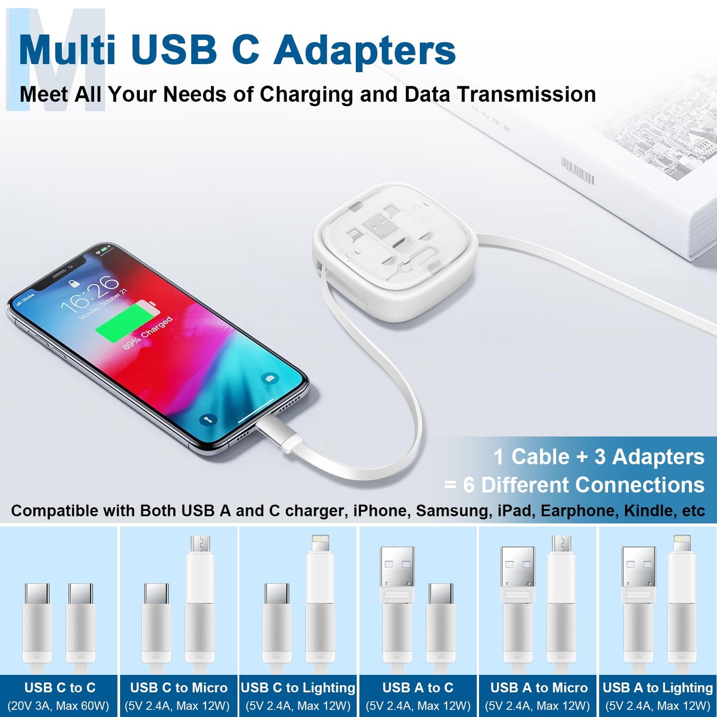 Retractable USB C Cable, Fast Charging Cord Type C 60W 3ft, 6 in 1 Charging Cord Organizer Travel Case, USB C to USB Adapter, SIM Card Removal Tool, College Essentials (2 Pack in Black & White)