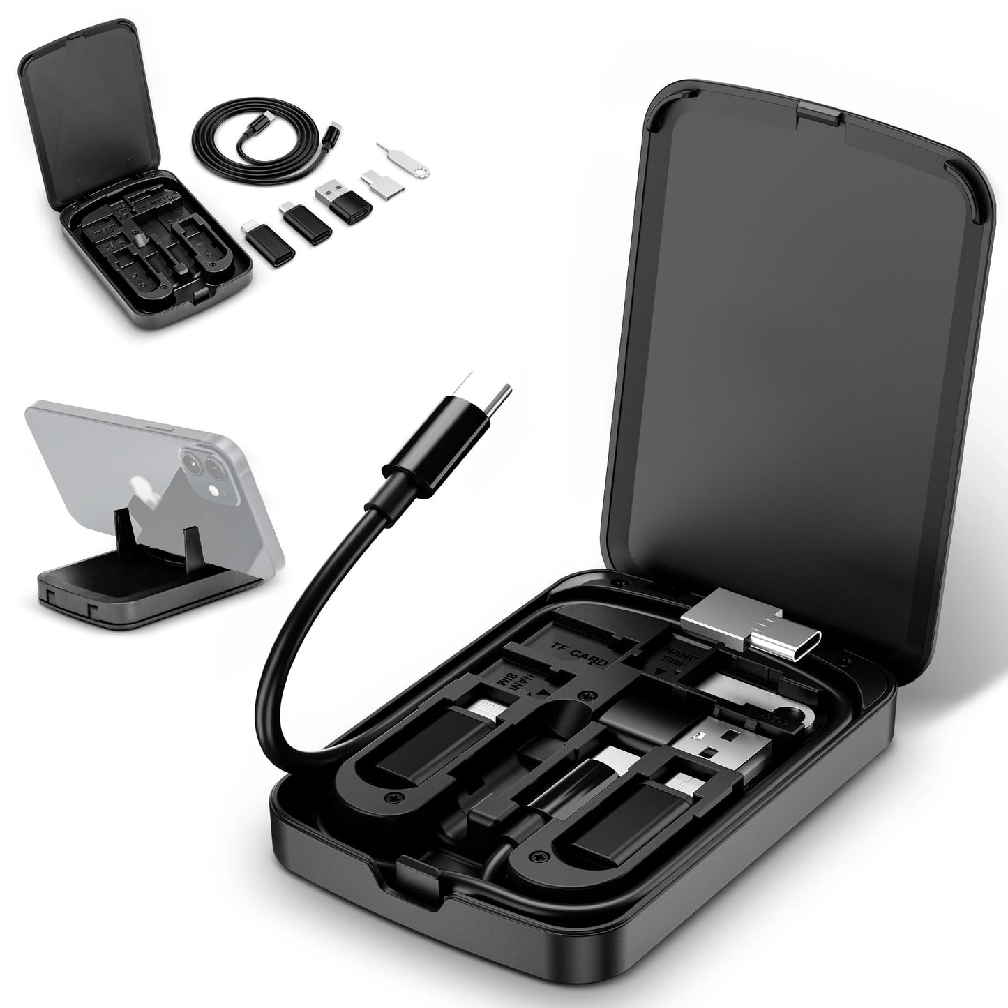Multi-Functional Compact Cable Card with 22" USB-C Cable & USB-A/Micro-USB/Light/OTG USB Adapter Kit Cable Convertor Storage Box for Traveling Phone Pad Charging PC Computer Data Transfer
