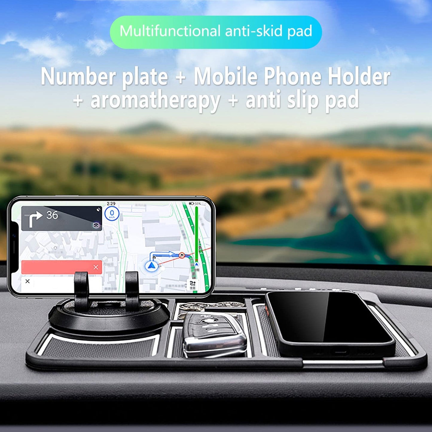 Non-Slip Phone Pad for 4-in-1 Car, 2023 New Cool Glow in The Dark Car Dashboard Phone Mat with Temporary Car Parking Card Number Plate and Aromatherapy, Anti-Shake Pad Universal Phone Holder (Red)