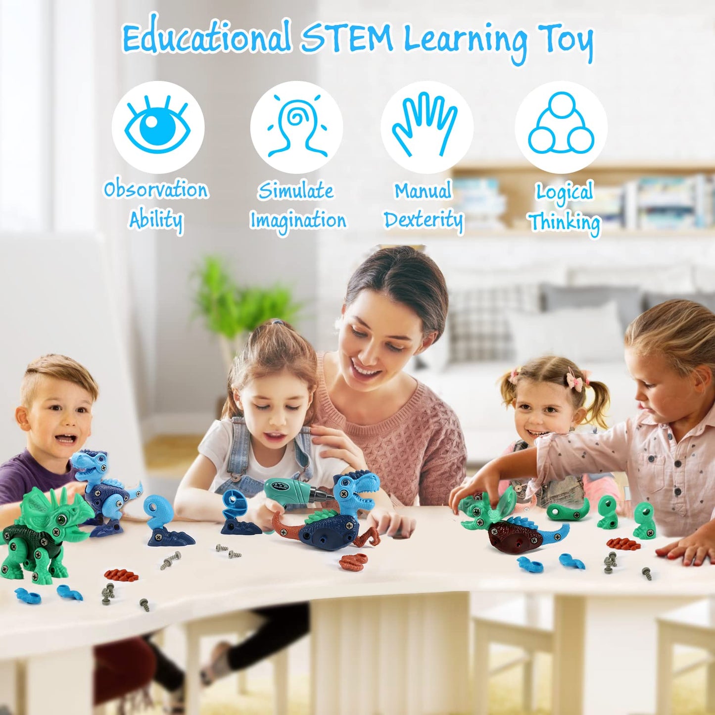 FREE TO FLY Dinosaur Toys for Kids 3-5: Take Apart STEM Learning Toys, Building Construction Sets with Electric Drill, Birthday Gifts for Boys Girls Age 4 5 6 7 8 Year Old