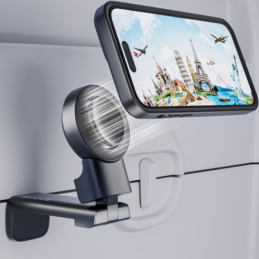 MiiKARE Airplane Travel Essentials Phone Holder for Magsafe, Universal Handsfree Phone Mount for Flying with 360 Degree Rotation, Travel Must Haves Phone Stand for Desk, Tray Table, Black