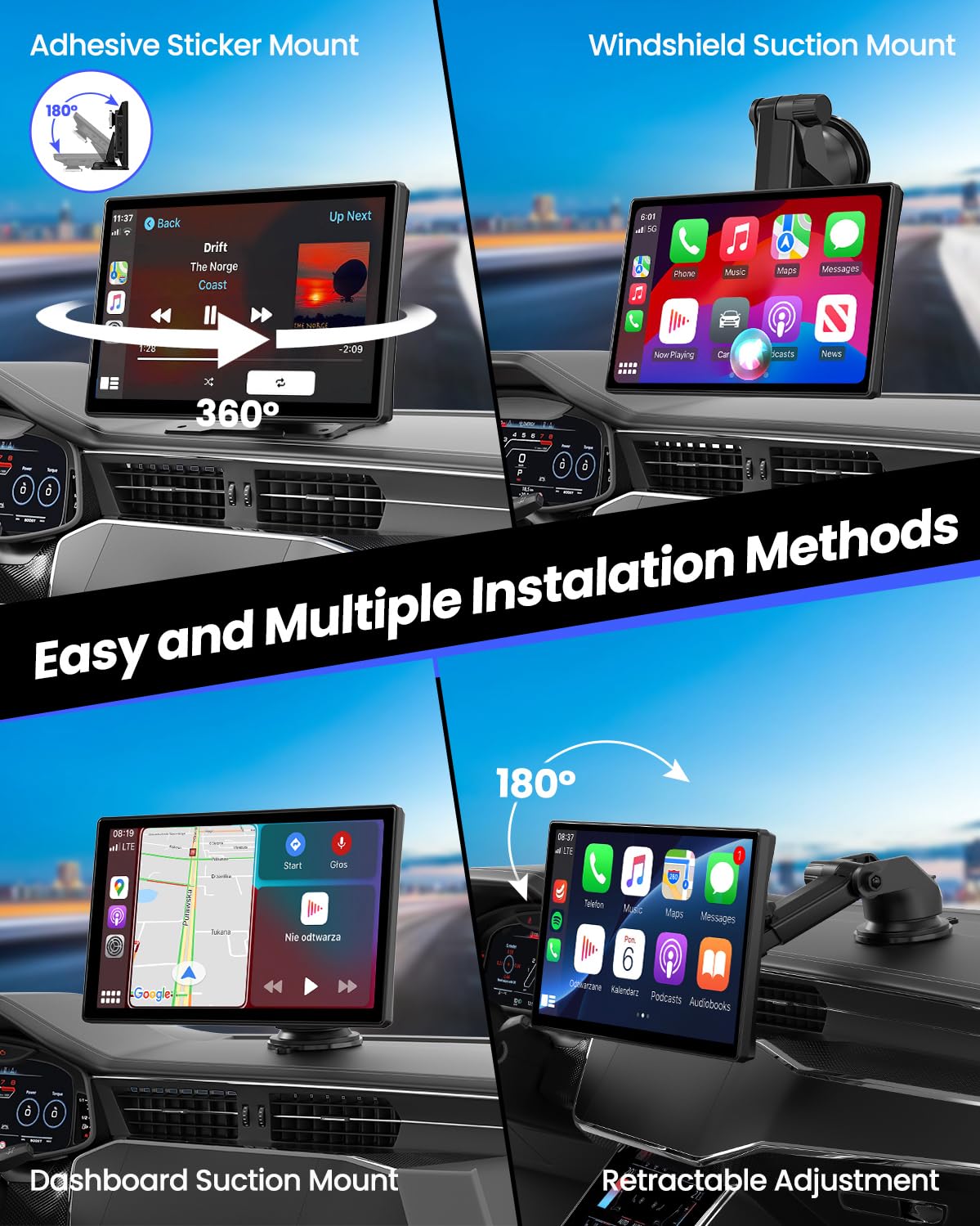 Wireless CarPlay Screen - 9'' Portable Car Stereo with 4K Dash Cam, 1080P Backup Camera, Satellite Radio, Apple CarPlay & Android Auto, GPS Navigation/AirPlay/Voice Control