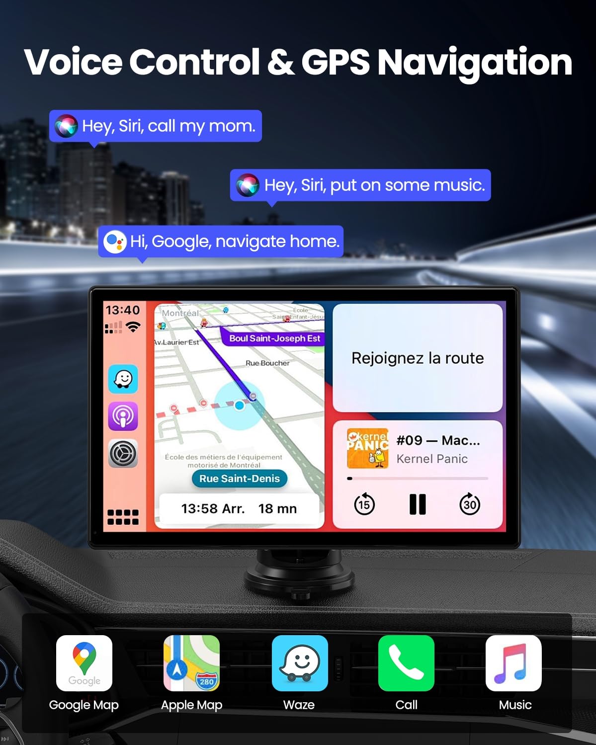 Wireless CarPlay Screen - 9'' Portable Car Stereo with 4K Dash Cam, 1080P Backup Camera, Satellite Radio, Apple CarPlay & Android Auto, GPS Navigation/AirPlay/Voice Control