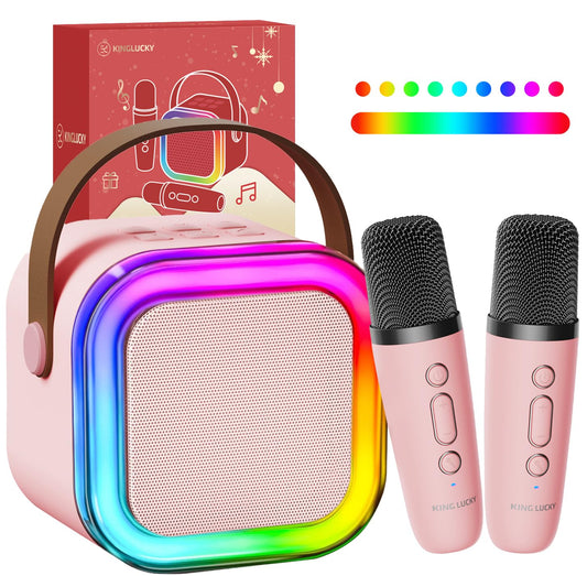 Kinglucky TOP Karaoke Machine for Kids (with Fun Voice Effects & LED Lights) Most Popular Birthday Easter Gifts for 3-12+ Years Old Girls Boys, Mini Karaoke Machine with 2 Wireless Microphones Pink